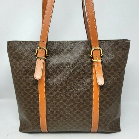 Vintage Celine Triomphe Canvas Brown Leather Medium Shoulder Tote Hand Bag Auth - Picture 6 of 13